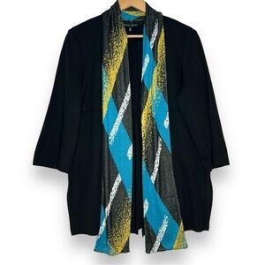 Ming Wang Open‎ Front Jacket Women's L Large 3/4 sleeve Black Cardigan & Scarf